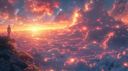 Poster - Beautiful fantasy starry night sky, blue and purple colorful, galaxy and aurora 4k wallpaper