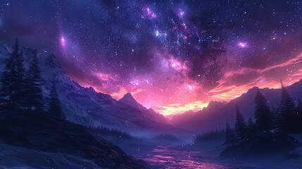 Poster - Beautiful fantasy starry night sky, blue and purple colorful, galaxy and aurora 4k wallpaper