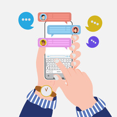Poster - Hand holding a smartphone with business and friend's chat screens. Social networking and mobile communication concept. Vector illustration.