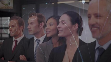 Poster - Animation of communication network over portrait of diverse business colleagues at office