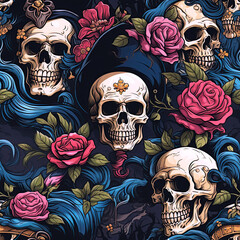 Wall Mural - seamless pattern with multicolored skulls in flowers on black background. festive rock texture for d