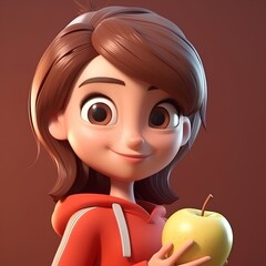 Wall Mural - Girl with apple - 3D rendered illustration of a cartoon character.