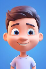 Wall Mural - 3d illustration of a cute cartoon boy with blue eyes smiling.