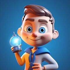 Wall Mural - Kid holding a lightbulb. 3D illustration. Cartoon character.