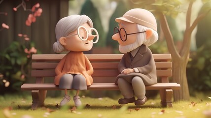 Wall Mural - Grandfather and grandmother sitting on bench in the park, vintage style