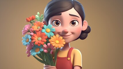 Wall Mural - Girl with flowers on yellow background. 3D illustration. Cartoon style.