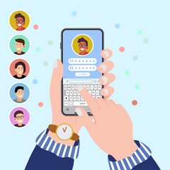 Poster - Man holding smartphone with the login screen. Cartoon Smartphone with man avatar. Vector.