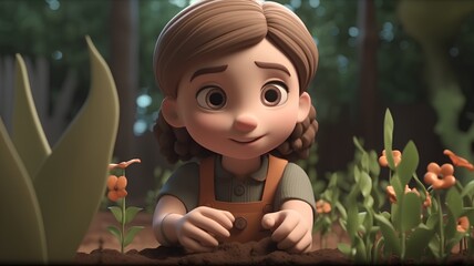 Wall Mural - Little girl planting seedlings in the garden - 3d render illustration