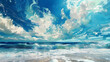 Illustration of blue sky and ocean waves relaxing summer day beach