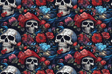 Wall Mural - seamless pattern with multicolored skulls in flowers on black background. festive rock texture for d