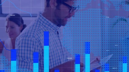 Poster - Animation of financial data processing over caucasian businessman in office