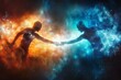 Conceptual image of two human silhouettes connecting in a cosmic space Representing soulmates Spirituality And cosmic love