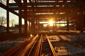 Construction site at sunset with a focus on steel beams and the framework of a new building Symbolizing growth and development
