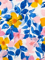 Wall Mural - A painting featuring vibrant blue, yellow, and pink flowers set against a clean white background, showcasing a burst of color and nature-inspired beauty.