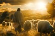 Shepherd scene with jesus christ guiding and protecting his flock in a field Symbolizing care Leadership And faith under divine light.