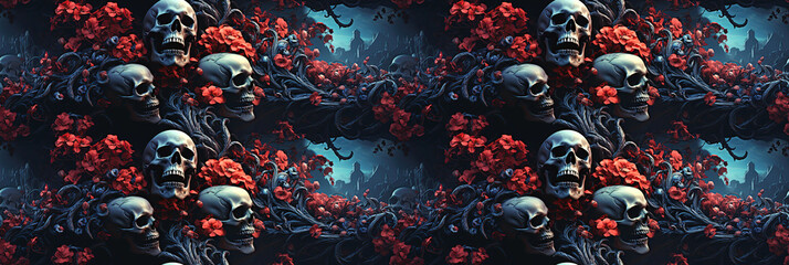 Wall Mural - seamless pattern with skeleton skulls death in cemetery on a dark background. festive scary texture 