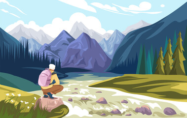 Wall Mural - man with backpack surrounded by mountains view