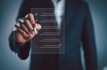 Poster - Business performance checklist, businessman doing online checklist survey, filling out digital form checklist, take an assessment, questionnaire, evaluation, online survey, online exam.