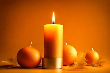 Close up of one glod candle in orange and yellow background