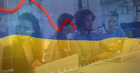 Canvas Print - Animation of data processing, flag of ukraine over diverse business people using laptop