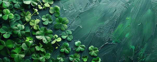 Wall Mural - Green st patrick's day background with clovers copy space