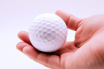 Wall Mural - Hand holding golf ball isolated on gray background