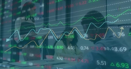 Poster - Animation of financial data processing over diverse business people in office