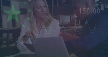 Poster - Animation of financial data processing over diverse business people using laptop