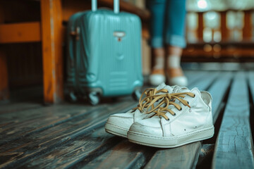 Canvas Print - Travel bag and a pair of sneakers bokeh style background