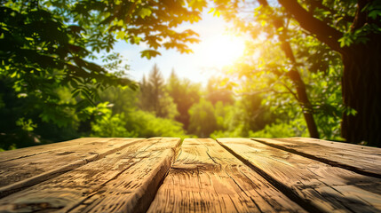 Poster - Empty rustic wooden table with a forest tree background and sunlight flares, ideal for product display and nature concepts