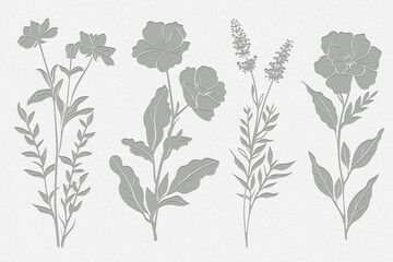 Elegant grayscale botanical illustration featuring a variety of stylized flowers and leaves, ideal for minimalist designs or backgrounds