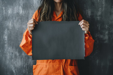 female prisoner standing and holding a black badge