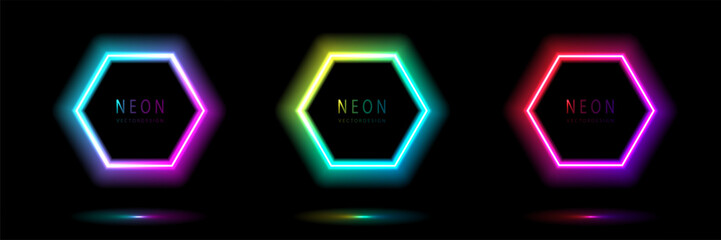 Poster - Set of neon light hexagon shape frames design on a dark background. gradient glowing borders. elements valentine day festival design. colorful futuristic Valentines Day. vector design.