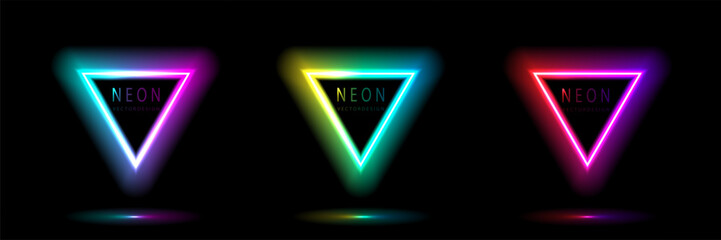 Poster - Set of neon light triangle shape frames design on a dark background. gradient glowing borders. elements valentine day festival design. colorful futuristic Valentines Day. vector design.