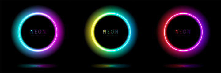 Poster - Set of neon light circle shape frames design on a dark background. gradient glowing borders. elements valentine day festival design. colorful futuristic Valentines Day. vector design.