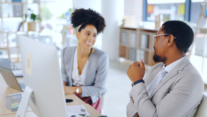 Fototapete - Communication, happy and business people by computer for teamwork and together for research on project. Collaboration, man and woman by technology for developer team and talking of company website