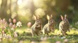 Three playful rabbits in a spring meadow, perfect for Easter and wildlife content.