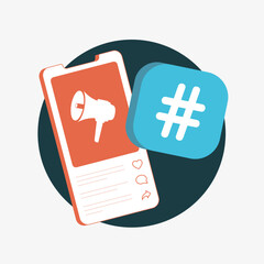 Fototapete - Hashtag marketing for viral campaigns and social media success. Analyze effective hashtags and stay on top of social media trends, smm strategic tracking. Vector isolated icon on white background
