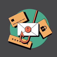 Poster - E-mail phishing icon. Fraud email alert, scam malware notification concept. E-mail spam message with hook trojan viruses. Vector isolated illustration on black background with icons