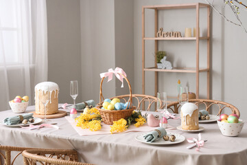 Poster - Beautiful table setting for Easter cakes and eggs in dining room