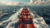 Fototapeta Perspektywa 3d - Giant container ship, fully packed, seen from above in the ocean. Photorealistic.