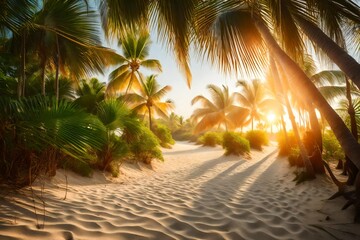 Wall Mural - Copyspace photo show pathway to business success and total freedom in this world. Sandy pathway between the trees on a tropical beach with infinite possibilities