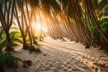 Sticker - Copyspace photo show pathway to business success and total freedom in this world. Sandy pathway between the trees on a tropical beach with infinite possibilities