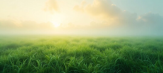 Wall Mural - This is a refreshing summer landscape with a close-up of a lawn shrouded in light fog in the early morning. Generative AI