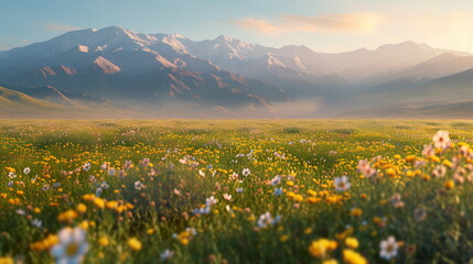 Wall Mural - Spring landscape in the Swiss Alps. Meadows and flower fields full of spring flowers under snow-covered mountains. Generative AI