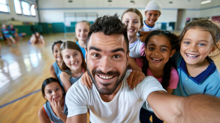 Canvas Print - Happy PE teacher and school kids taking selfie during exercise class