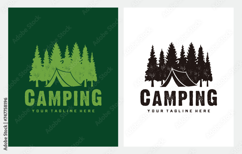 Pine Trees and Camping Tent Textured logo design vector illustrations ...