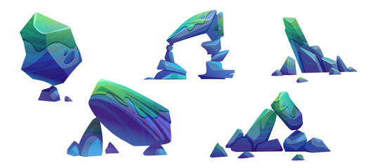 Wall Mural - Blue big alien planet or desert night stone with moss. Cartoon vector illustration set of fantasy rock cliff for mountain landscape design. Fantastic land terrain boulder piles and rocky canyon.