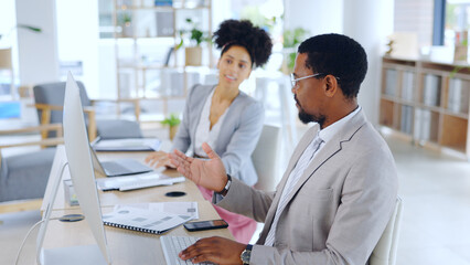 Fototapete - Communication, internet and business people by computer for teamwork and reading of feedback of online project. Happy, man and woman by pc for developer collaboration and meeting for company website