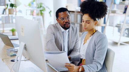 Poster - Discussion, paperwork or business people with project feedback review or report for agenda. Man, documents info or woman reading portfolio for collaboration, teamwork or consulting in office planning